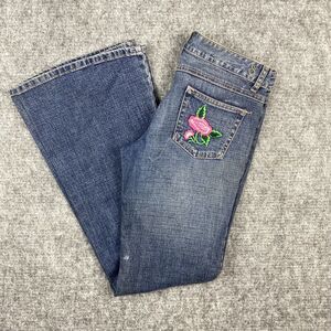 Vtg 90s Jeans Juniors 9 Spacegirls Flare Leg Floral Rose Embroidered